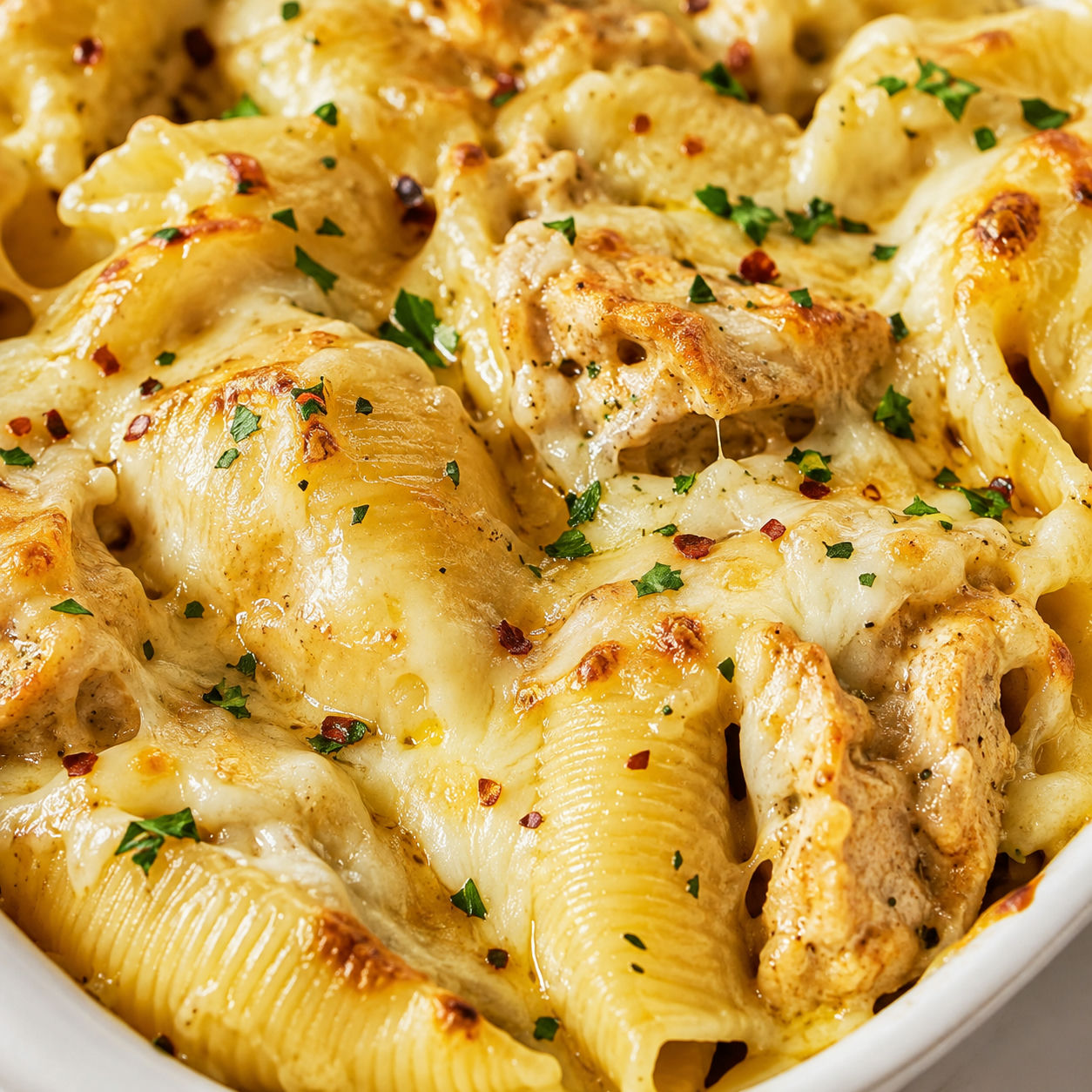 Baked garlic butter chicken shells with creamy cheese sauce and parsley