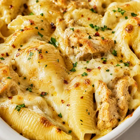 Baked garlic butter chicken shells with creamy cheese sauce and parsley