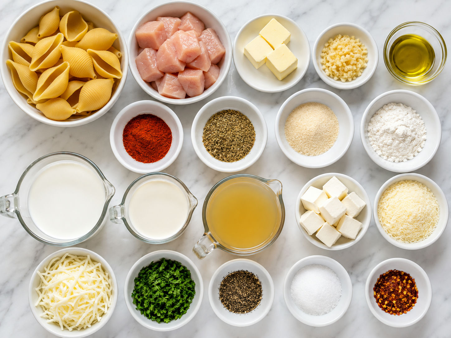 Ingredients for garlic butter chicken shells with three cheeses