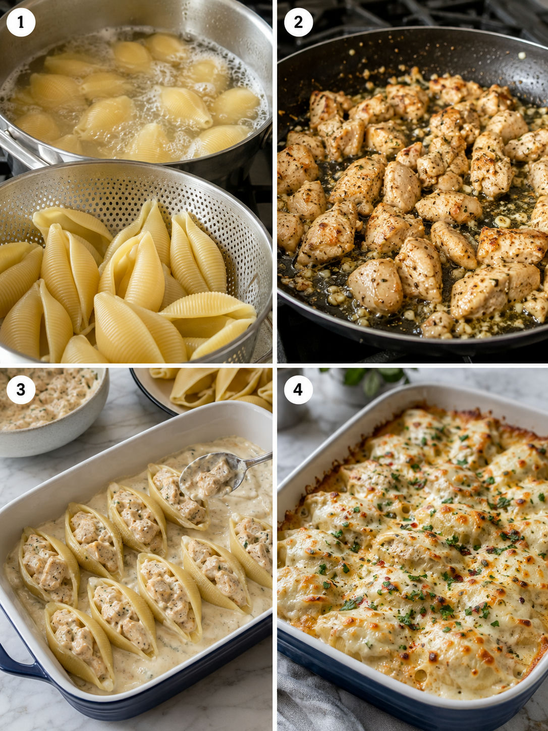 Four cooking steps for garlic butter chicken stuffed shells