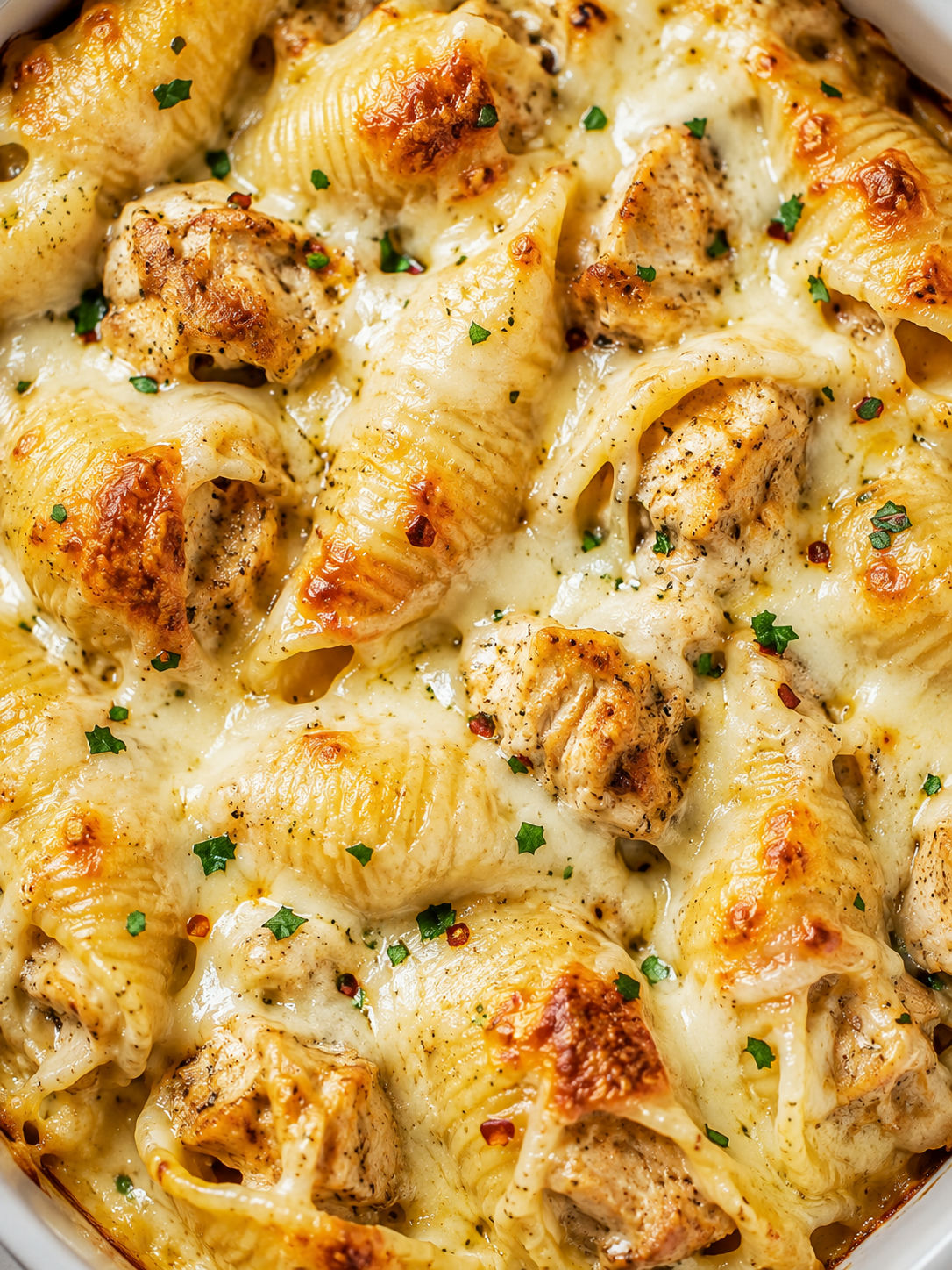 Creamy baked garlic butter chicken shells with melted mozzarella