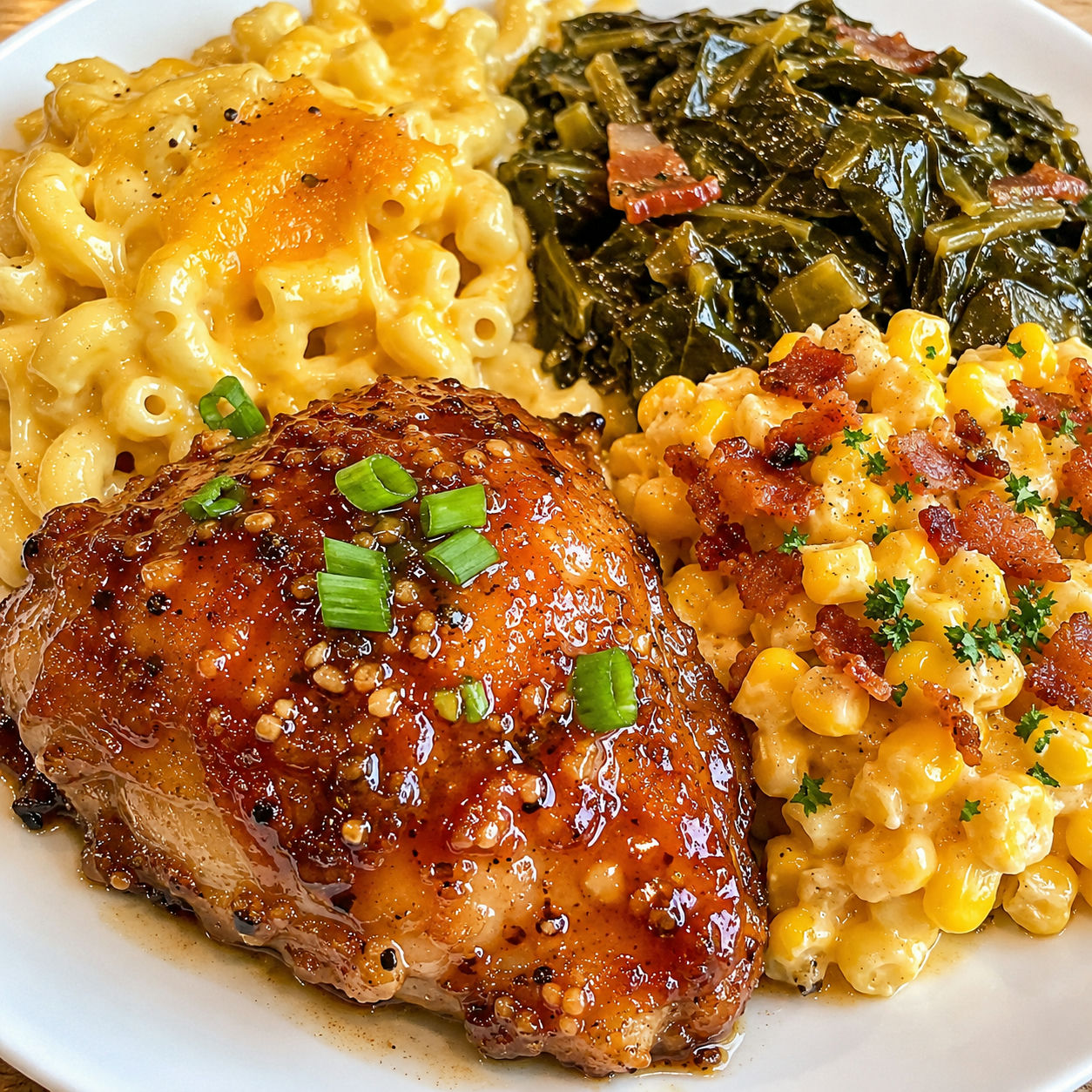 Honey garlic chicken thigh with creamy mac, greens, and bacon cheddar corn