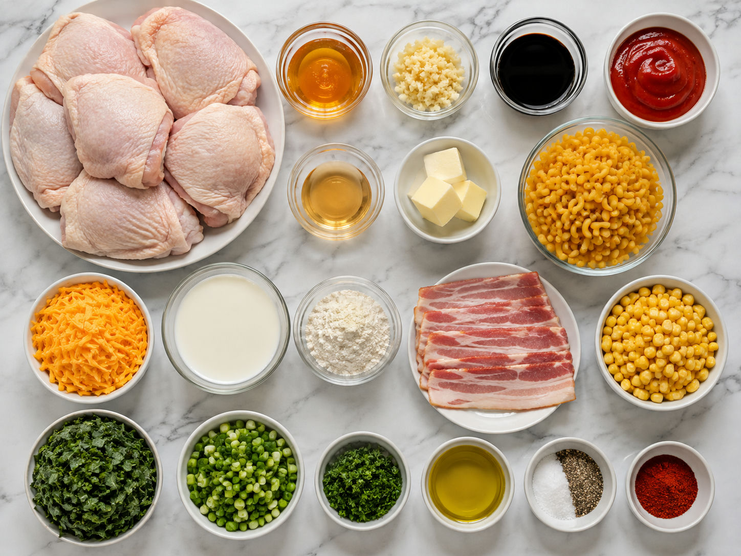 Ingredients for honey garlic chicken thighs with mac, greens, corn, and bacon