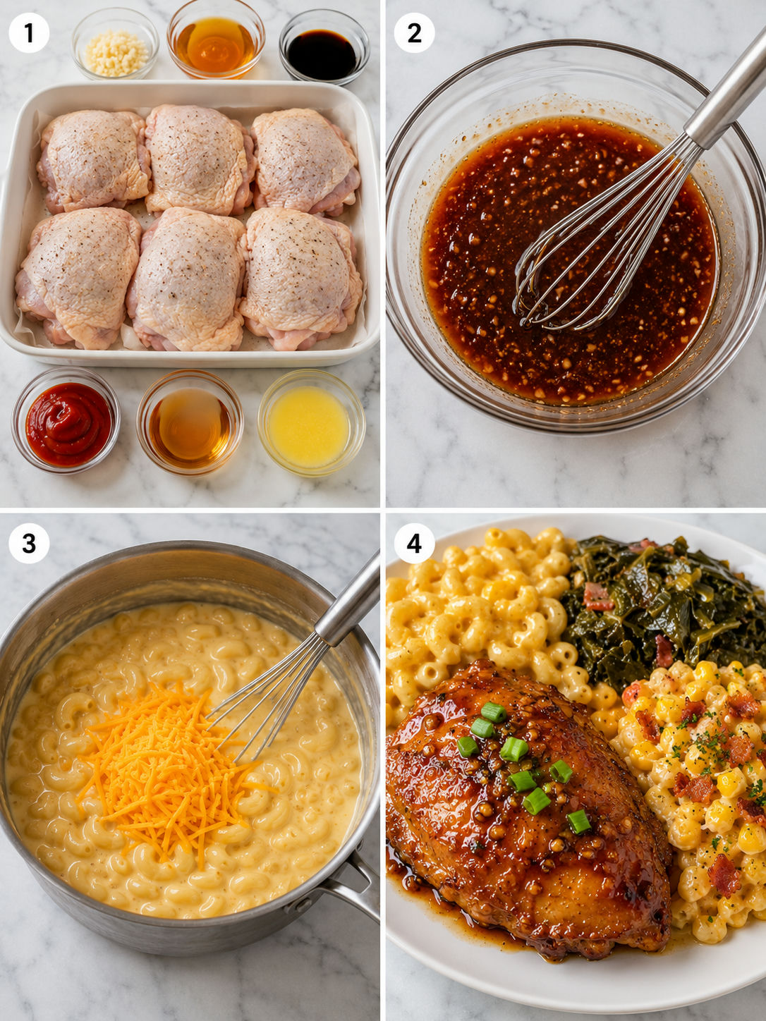 Four cooking steps for honey garlic chicken, mac, corn, and greens