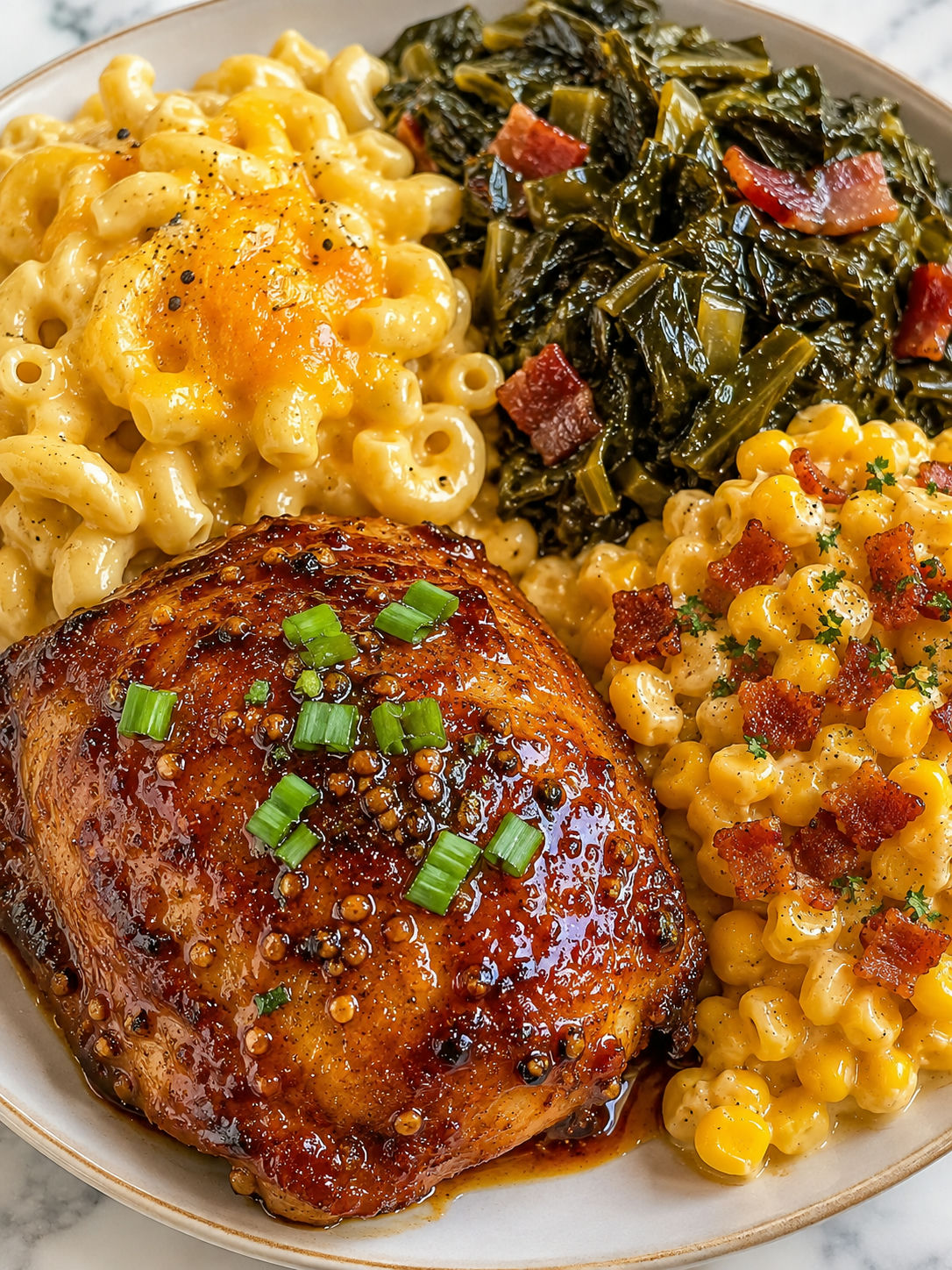 Sticky honey garlic chicken thigh with creamy mac, greens, and bacon corn