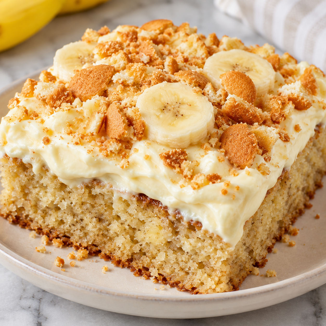 Banana pudding cake slice with vanilla wafer crunch and banana slices