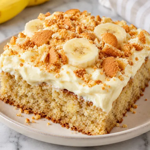 Banana pudding cake slice with vanilla wafer crunch and banana slices