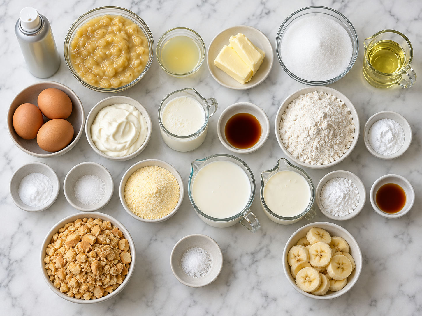 Ingredients for banana pudding cake with vanilla wafers and ripe bananas