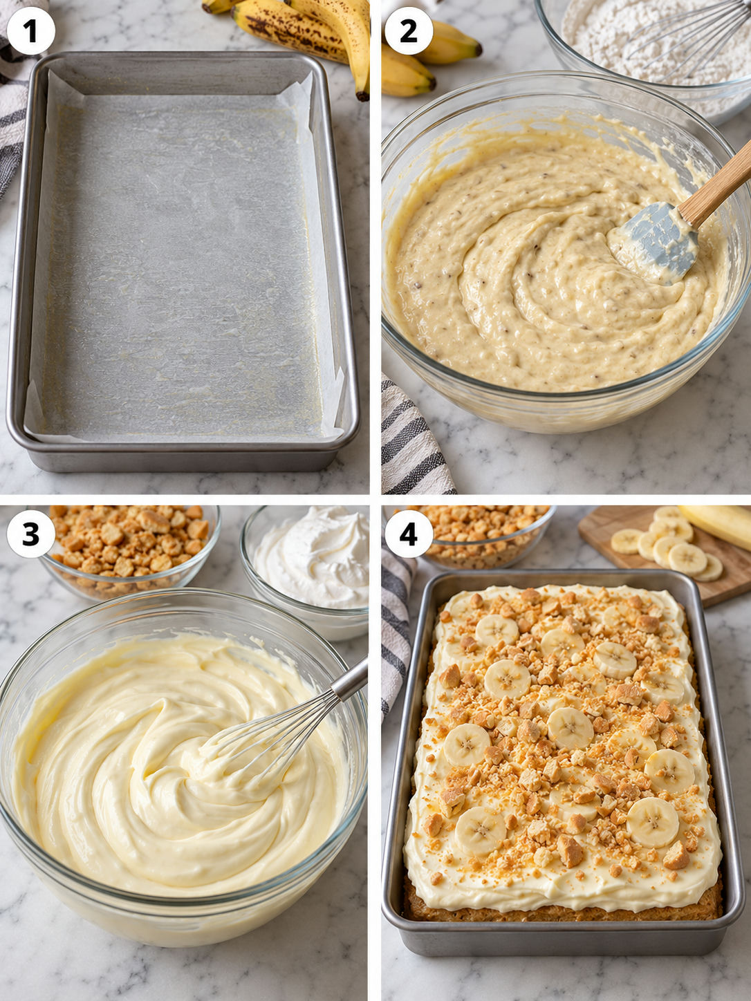 Four steps for making banana pudding cake with wafer crunch