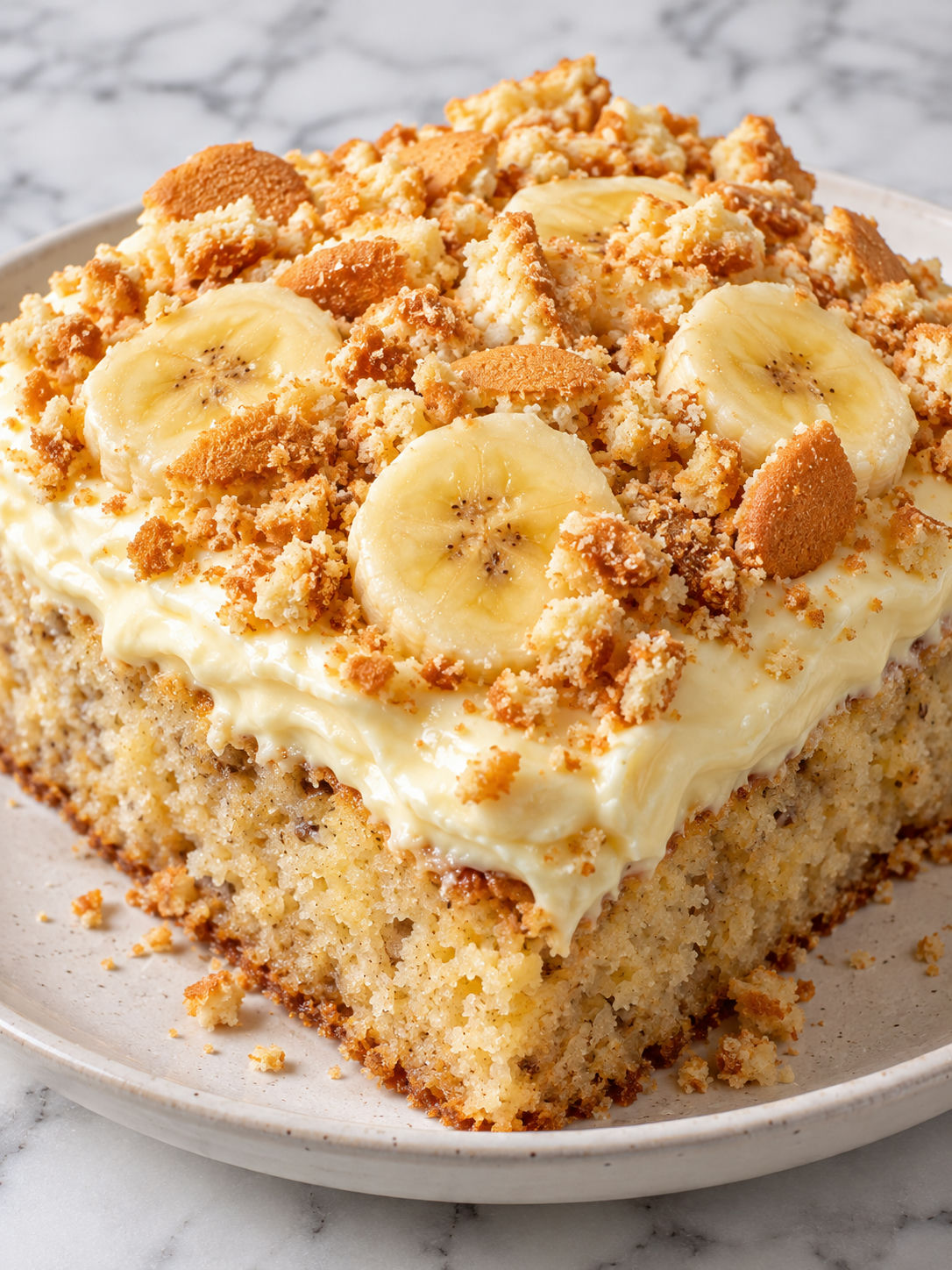 Banana pudding cake square with pudding cream and golden wafer crunch