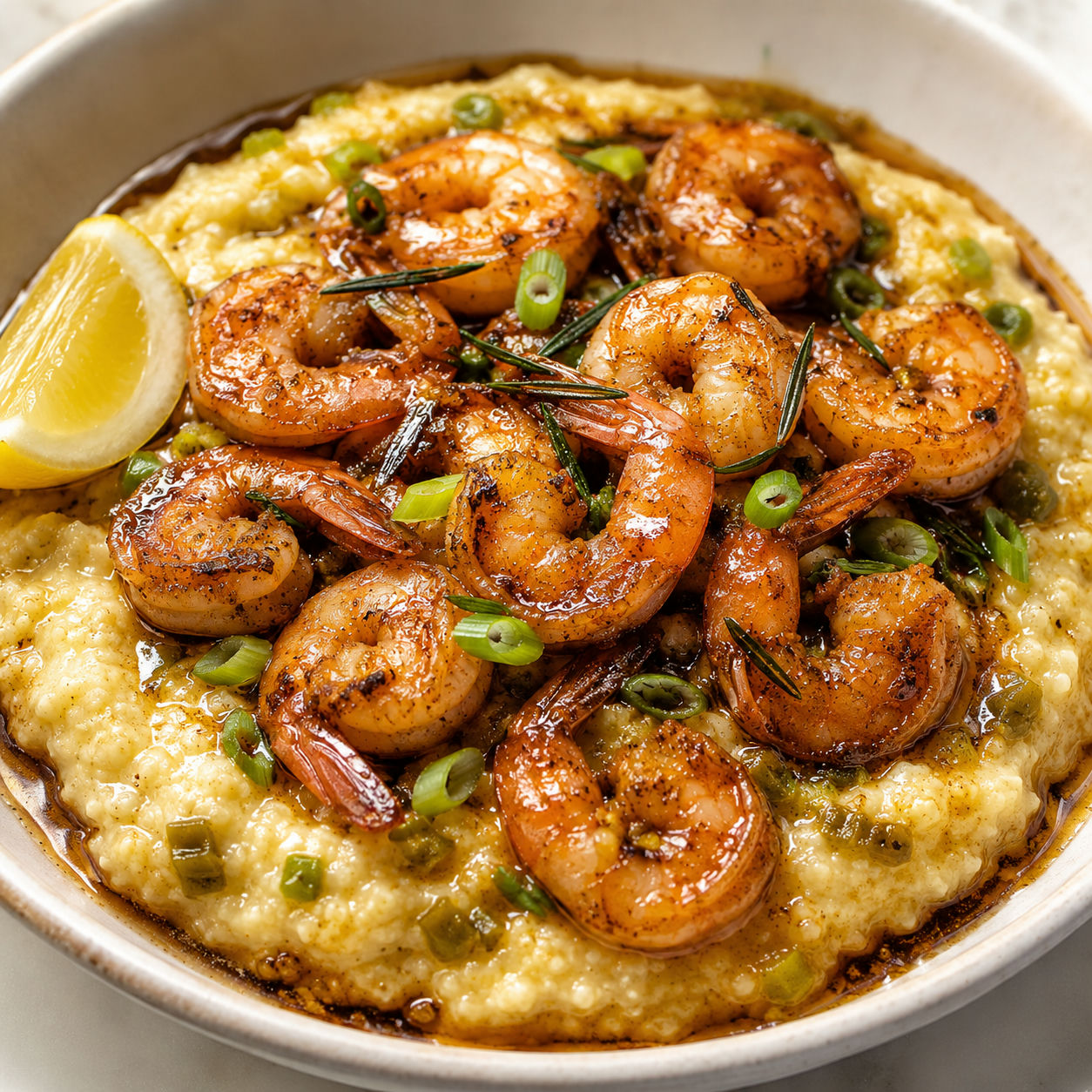 BBQ shrimp over Hatch green chile grits with lemon and scallions