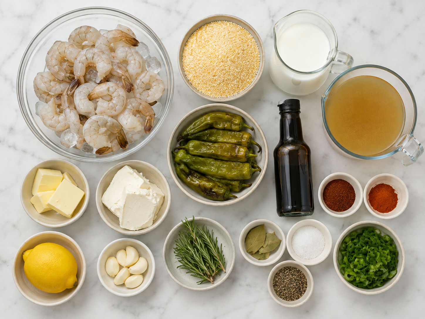 Ingredients for BBQ shrimp and Hatch green chile grits on a counter