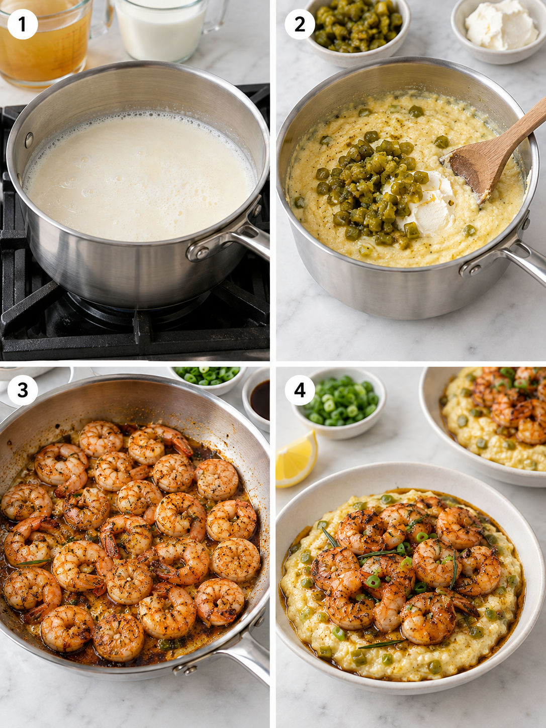 Four cooking steps for BBQ shrimp with Hatch green chile grits