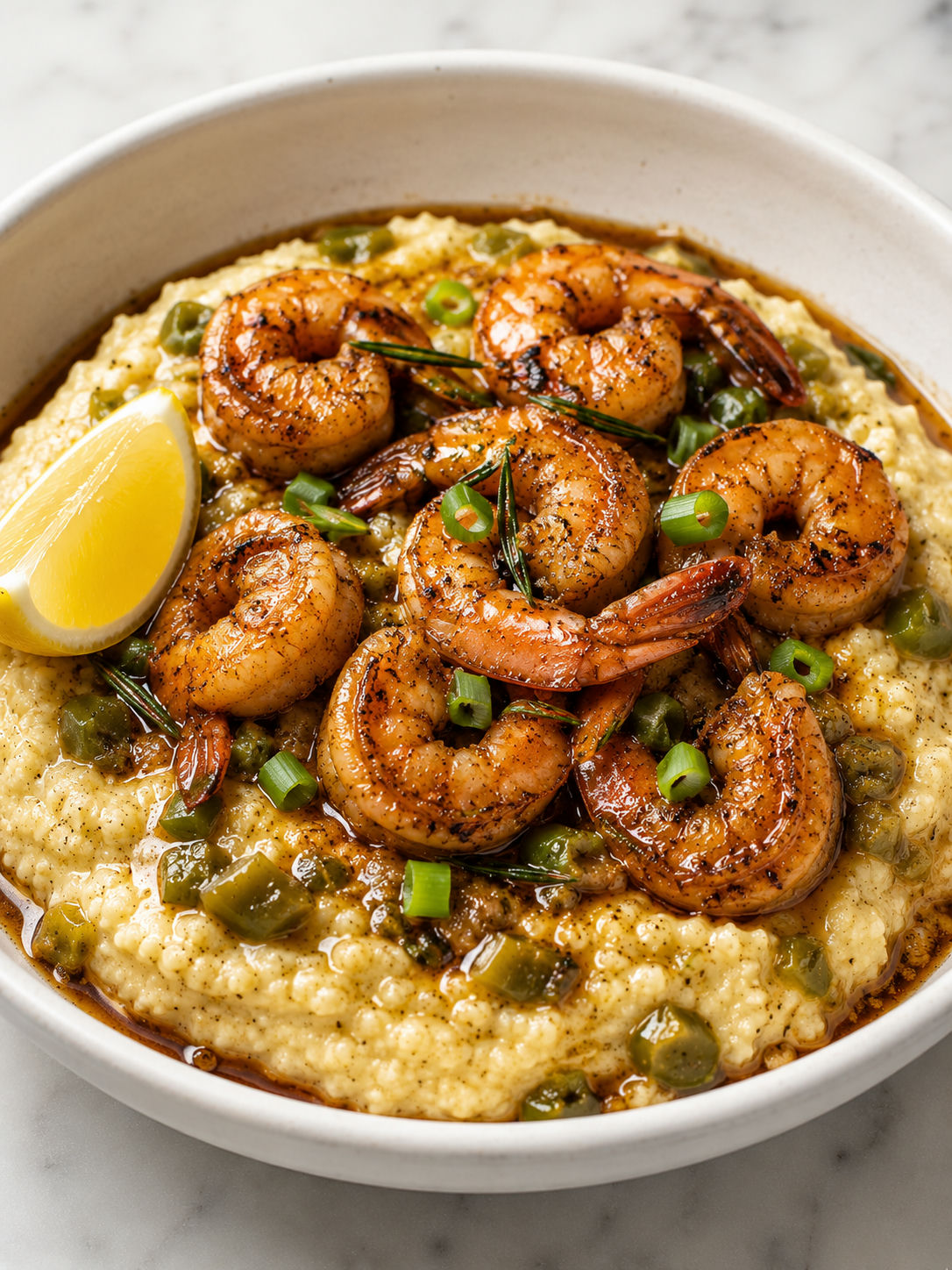 Glossy BBQ shrimp piled over creamy Hatch green chile grits