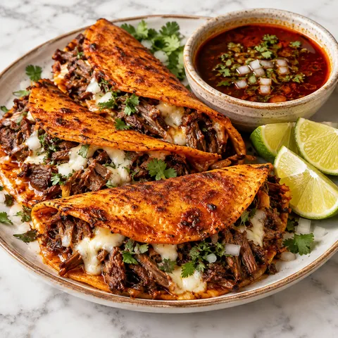 Birria tacos with consome, cilantro, onion, lime, and melted cheese