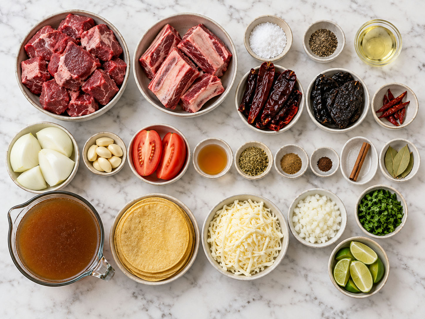 Raw beef, dried chiles, tortillas, cheese, herbs, and limes for birria tacos