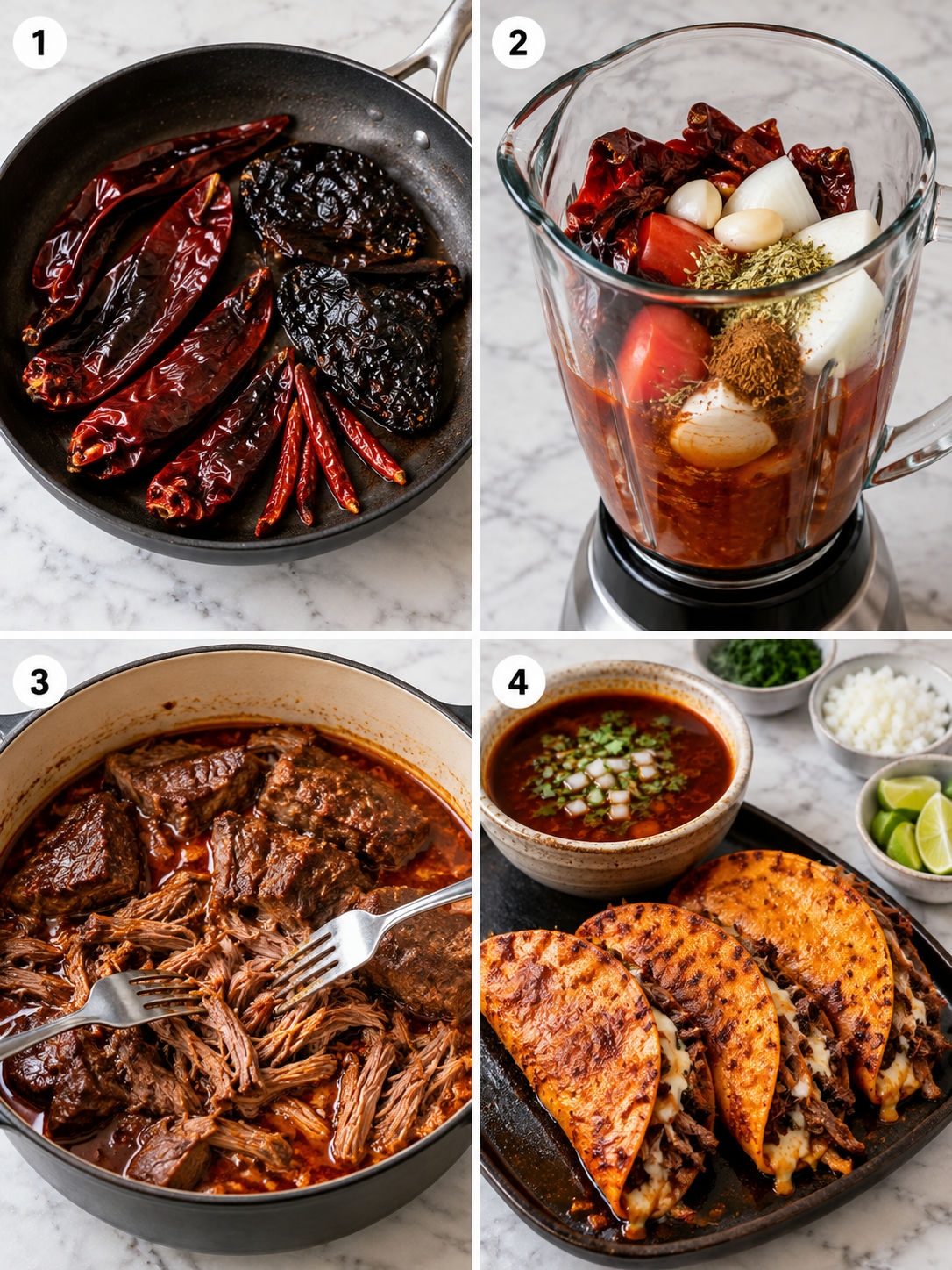Four cooking steps for birria tacos from chiles to crisping tortillas