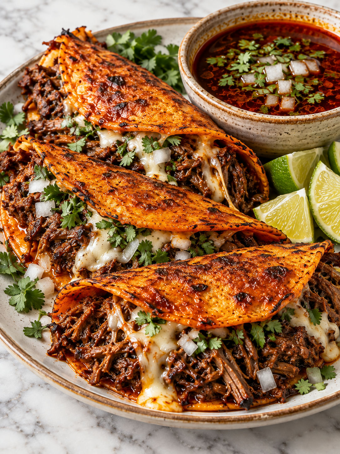 Crispy birria tacos with melted cheese and red consome for dipping