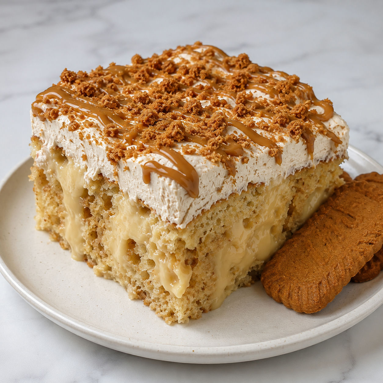 Biscoff cookie butter poke cake slice with cookie crumbs and drizzle