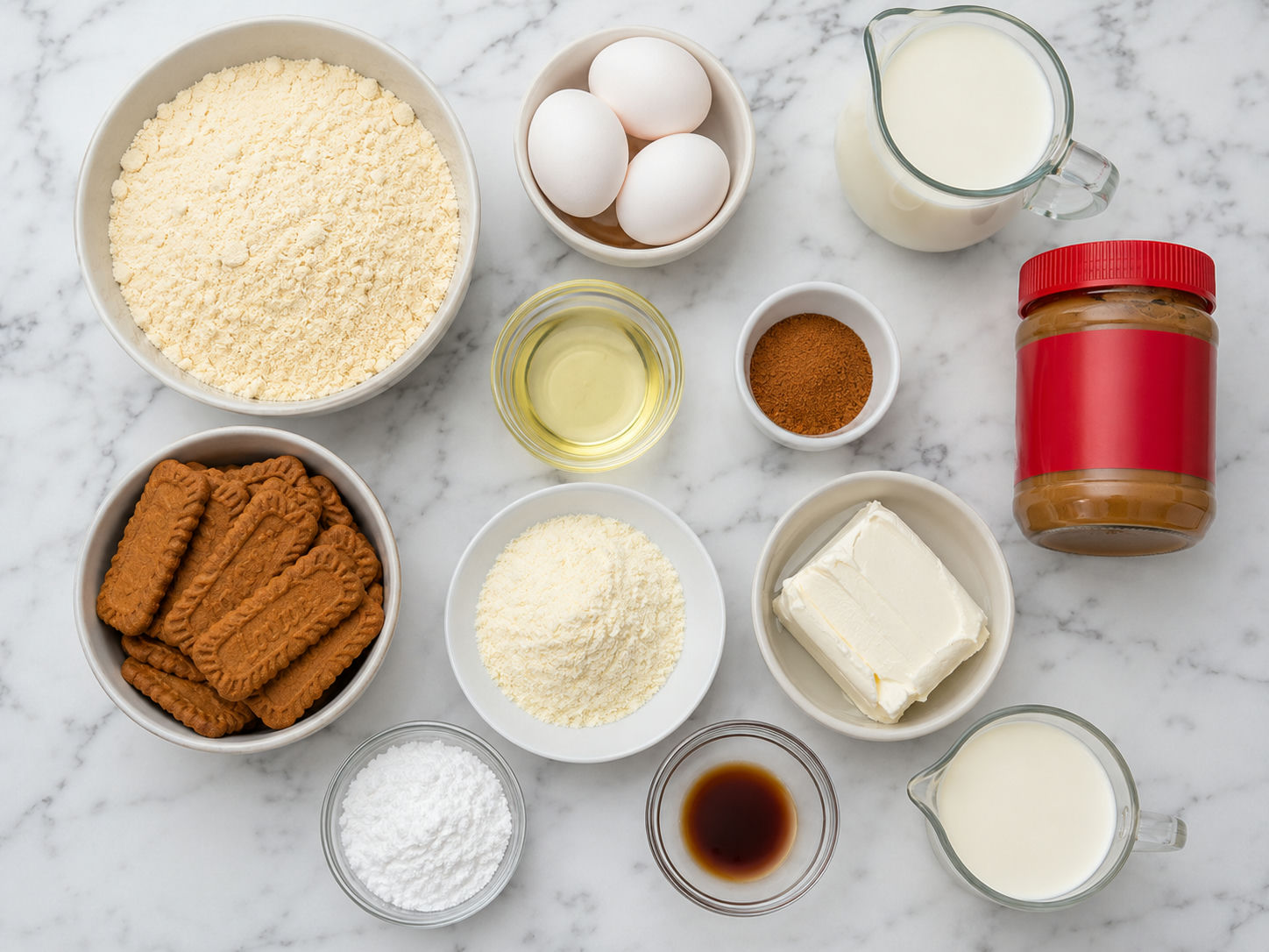 Ingredients for Biscoff cookie butter poke cake on a kitchen counter