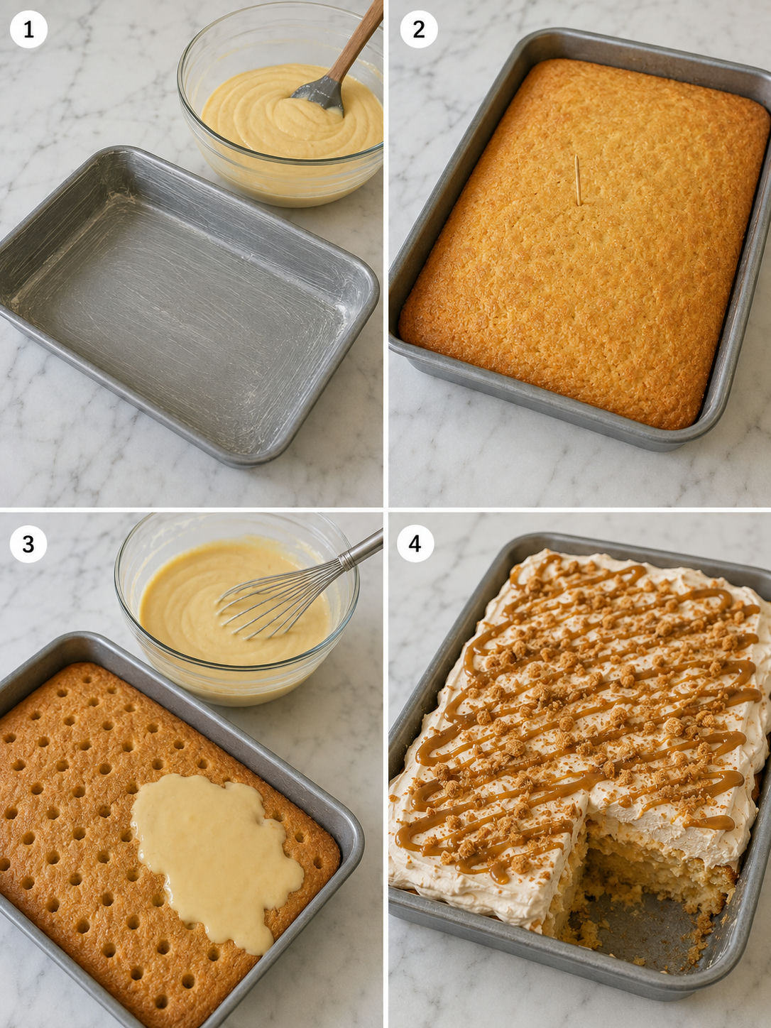 Steps for making Biscoff cookie butter poke cake in a 9x13 pan