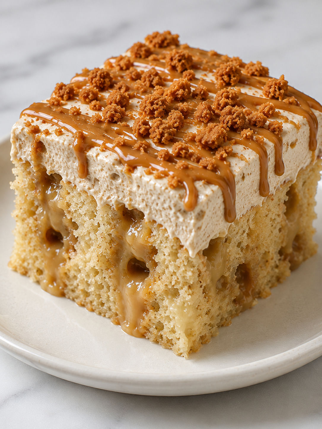 Tall slice of Biscoff cookie butter poke cake with drizzle and crumbs