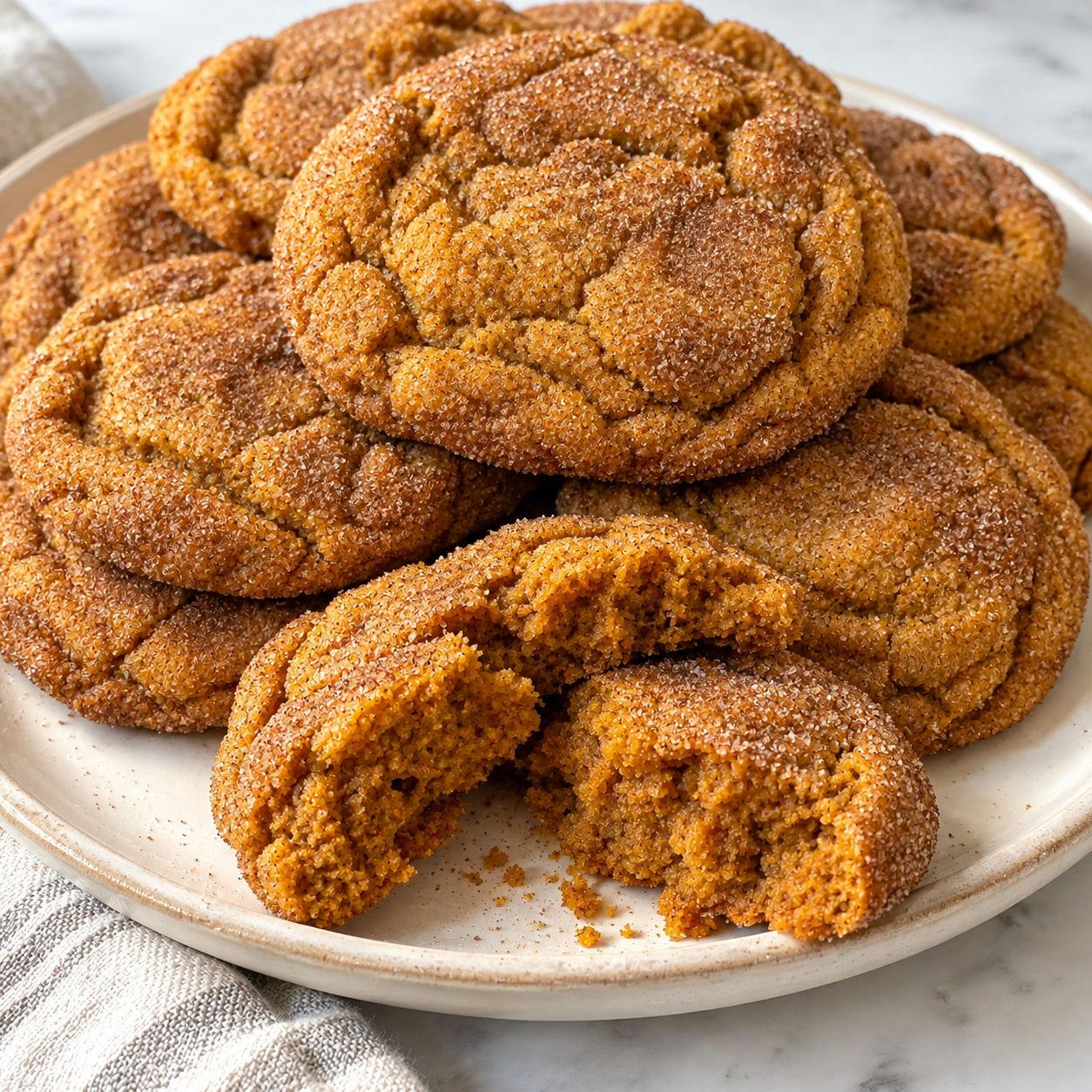 Brown butter pumpkin cookies with cinnamon sugar edges on a cream plate