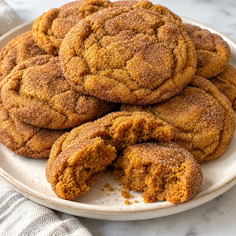 Brown butter pumpkin cookies with cinnamon sugar edges on a cream plate