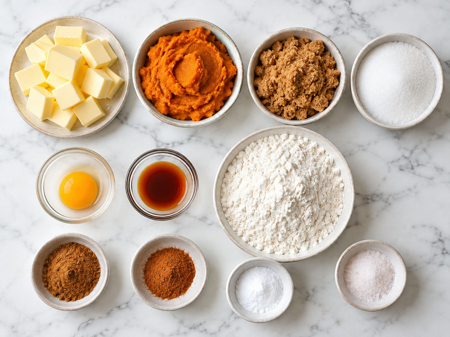 Ingredients for brown butter pumpkin cookies in bowls on a wooden surface