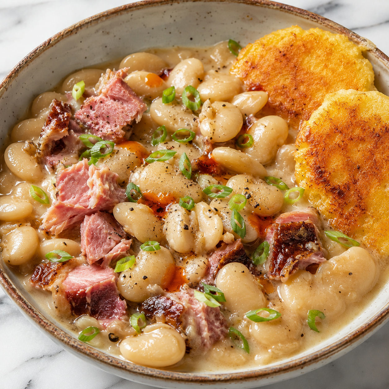 Creamy butter beans with ham and golden hoe cakes in a bowl