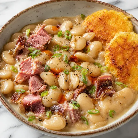 Creamy butter beans with ham and golden hoe cakes in a bowl