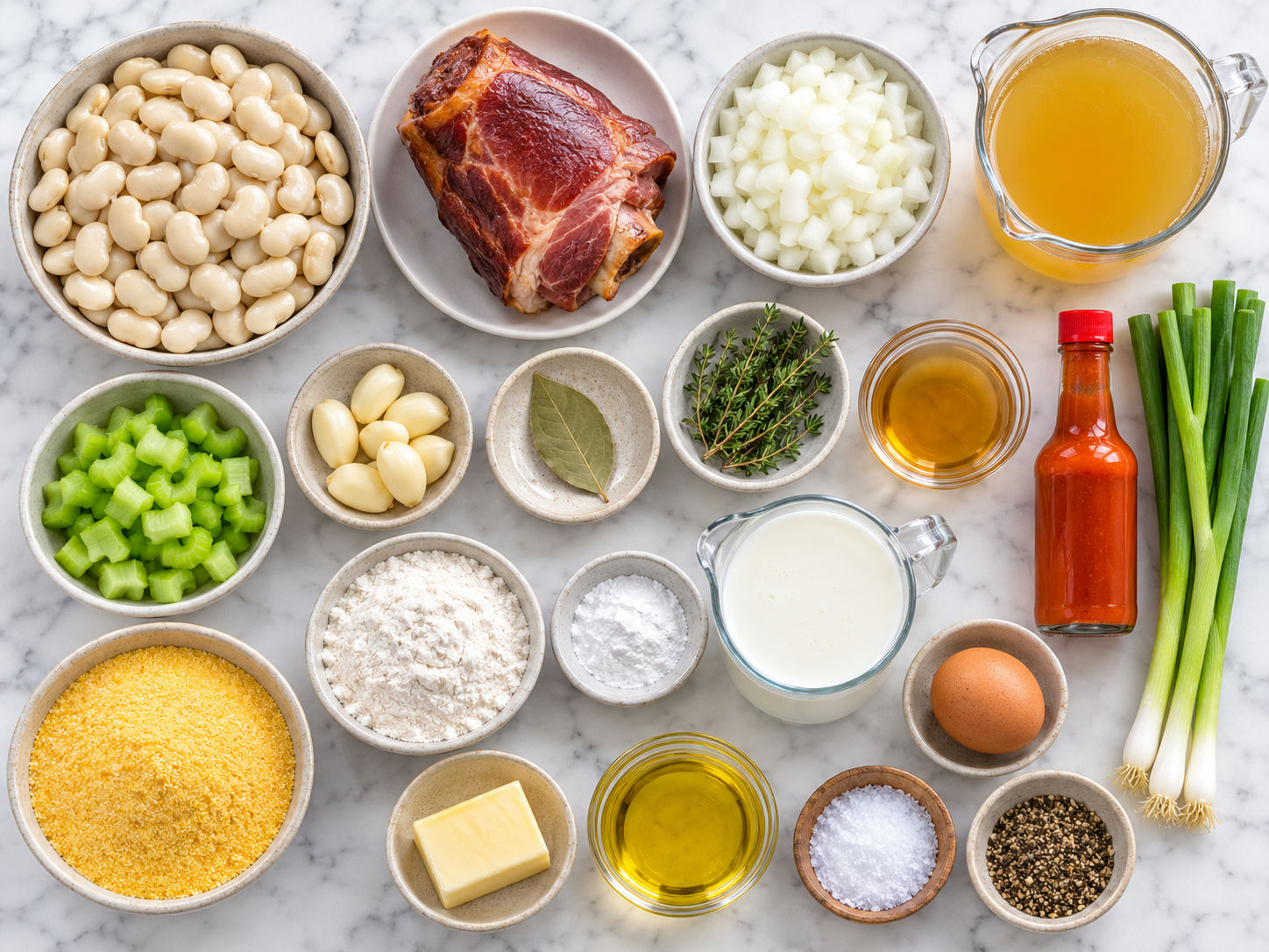 Ingredients for butter beans and hoe cakes on a wooden surface