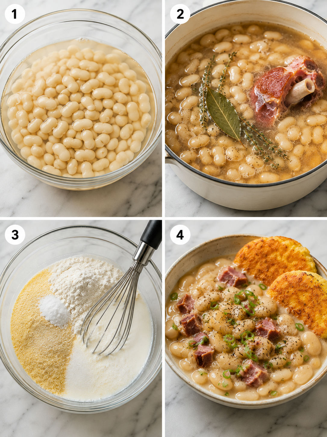 Steps for simmering butter beans and frying hoe cakes