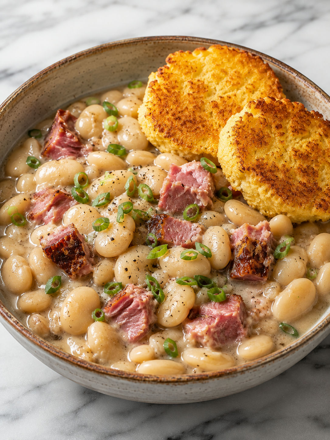 Creamy Southern butter beans with ham, scallions, and crisp hoe cakes