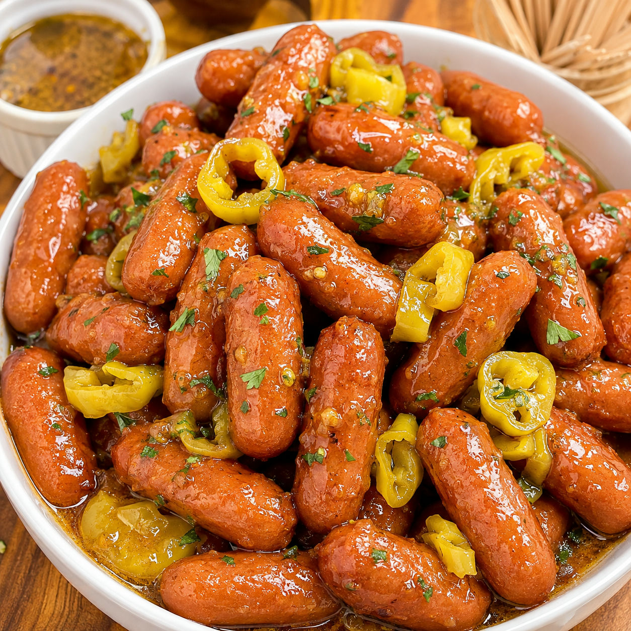 Buttery Mississippi Lil' Smokies with pepperoncini and parsley in a white bowl