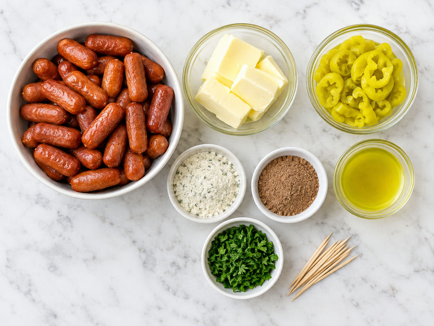 Ingredients for Mississippi Lil' Smokies with butter, pepperoncini, and seasonings