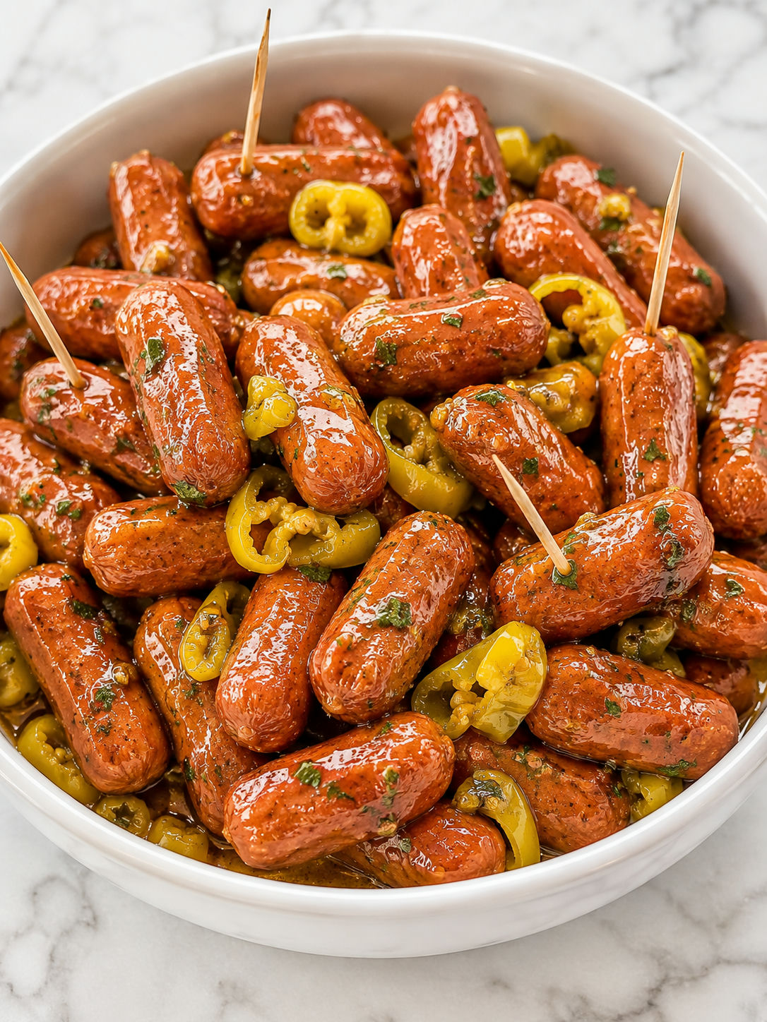 Glossy Mississippi Lil' Smokies with pepperoncini and parsley filling the frame