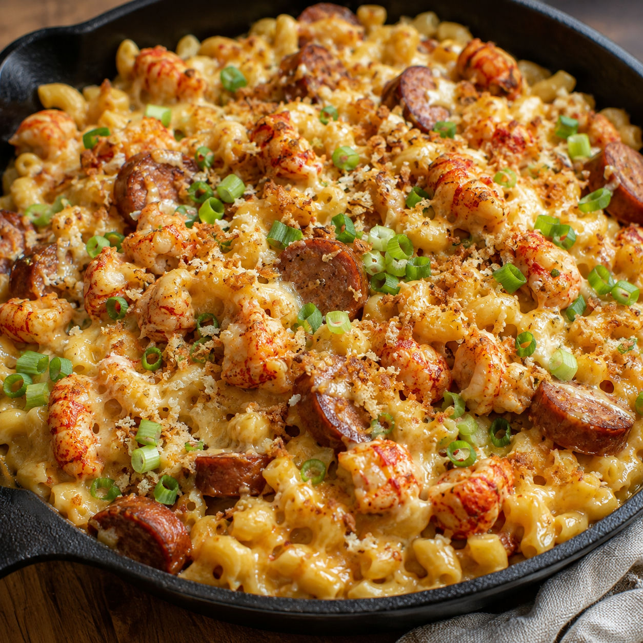 Cajun crawfish mac and cheese with smoked sausage in a skillet