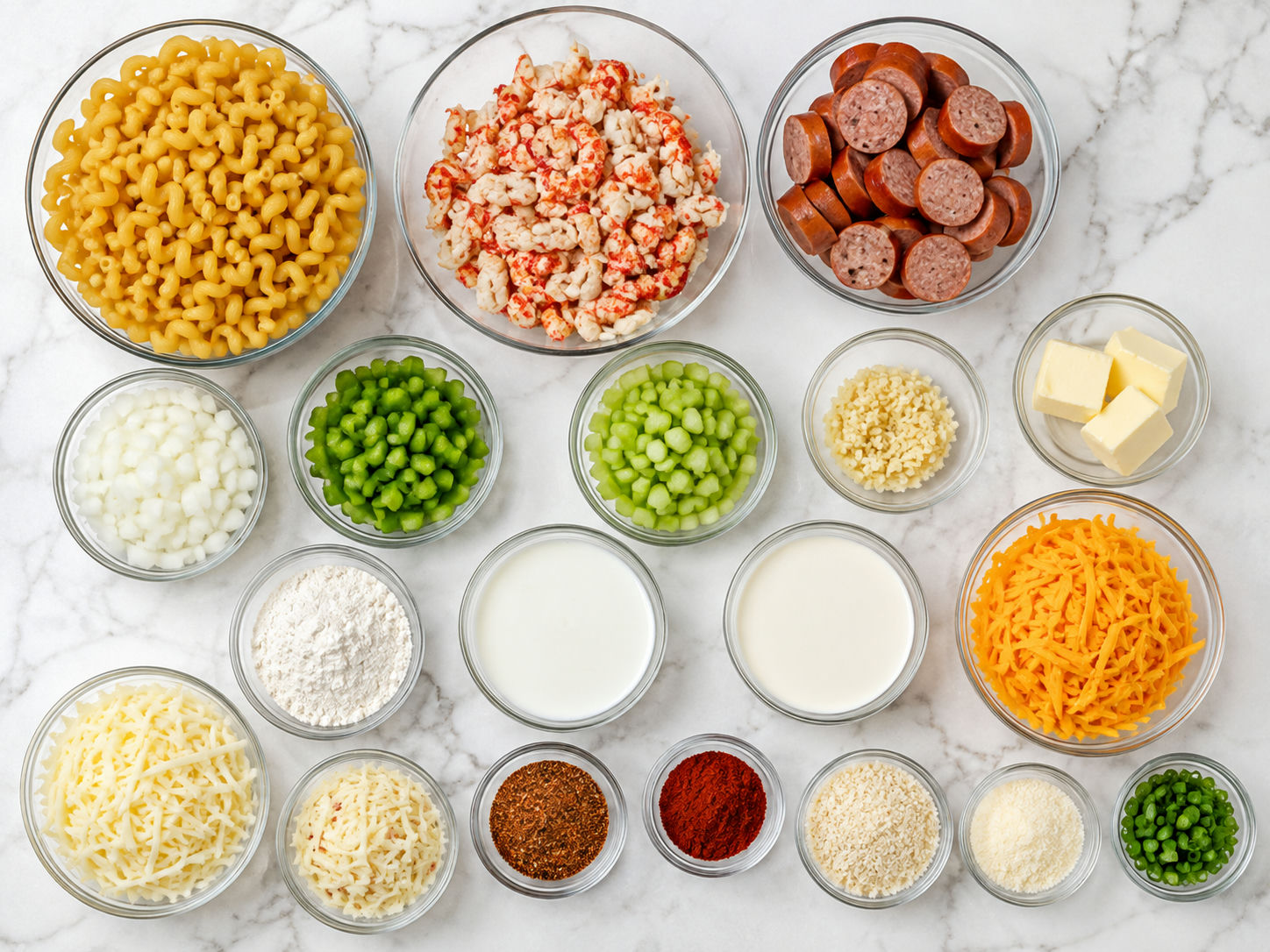 Ingredients for Cajun crawfish mac and cheese with smoked sausage