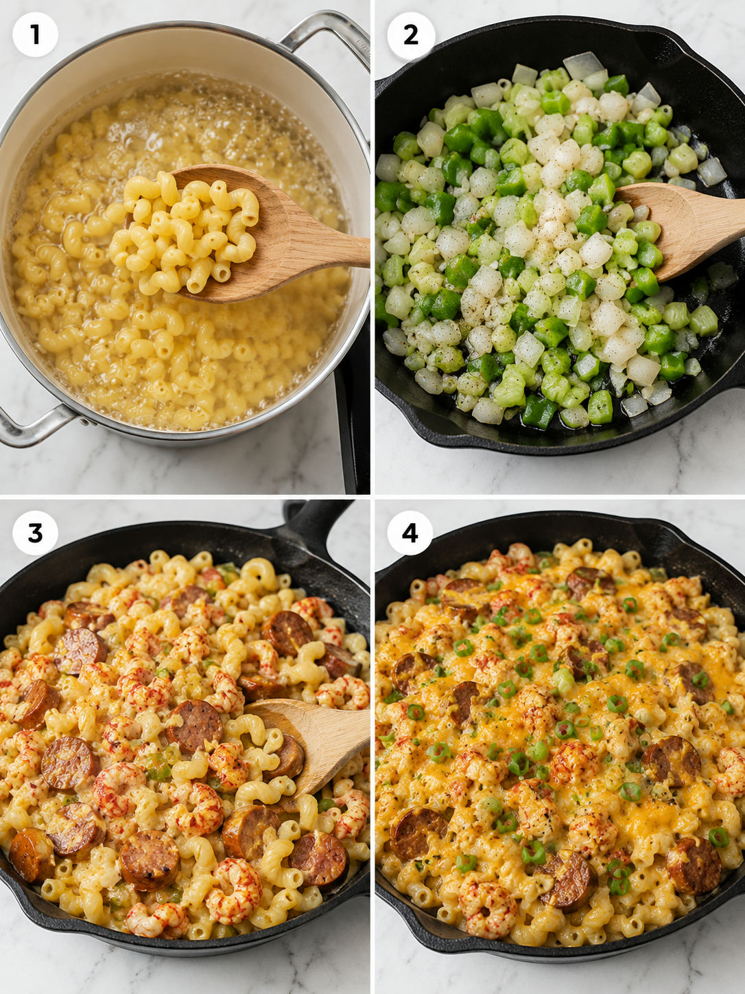 Four cooking steps for Cajun crawfish mac and cheese with sausage