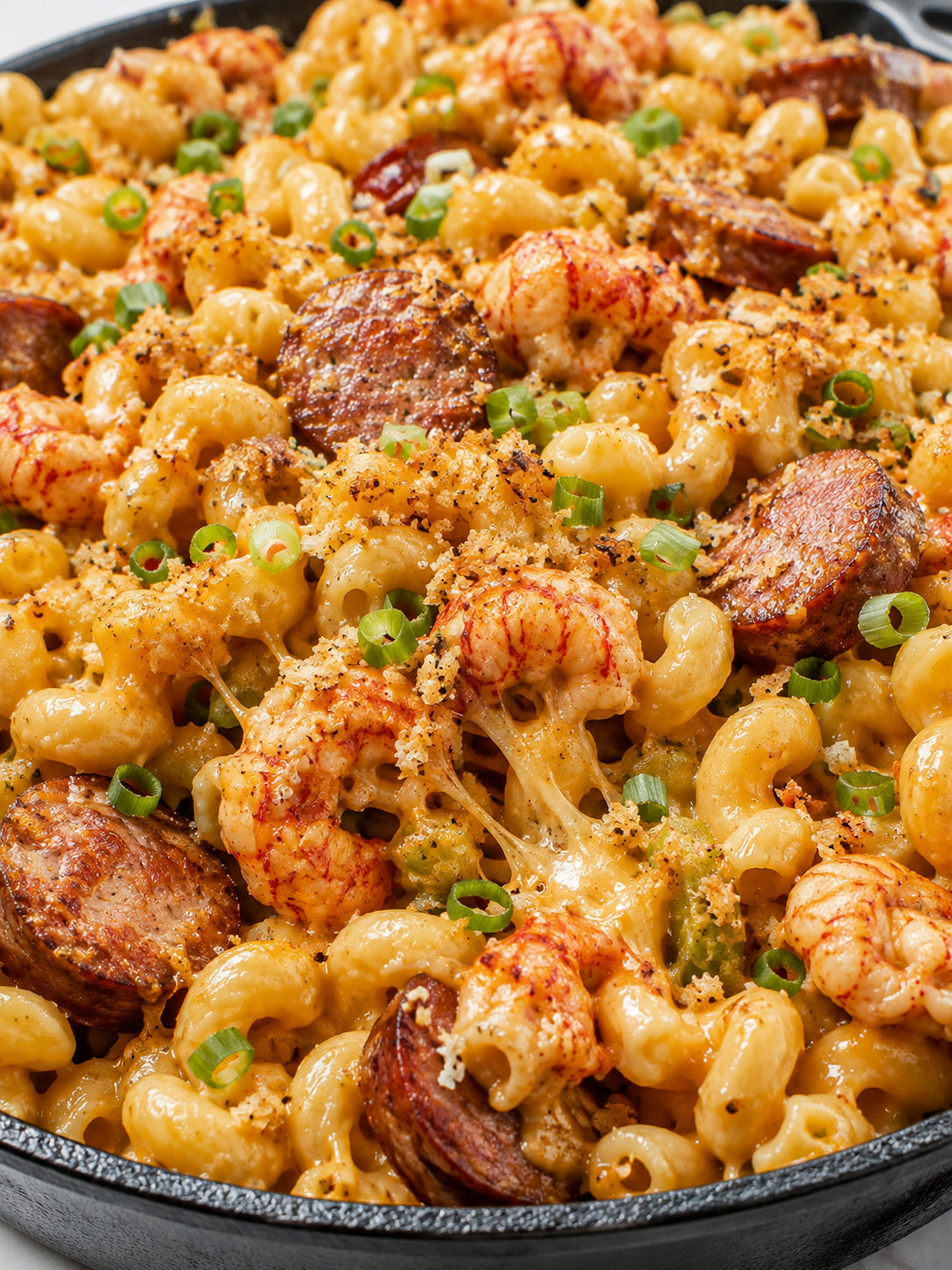 Creamy Cajun crawfish mac and cheese with sausage and green onions