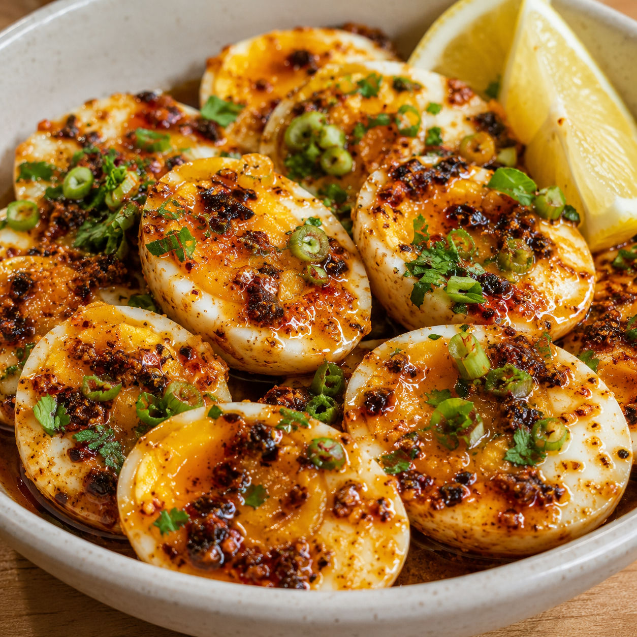 Cajun egg boil with chili crisp butter, green onion, parsley, and lemon