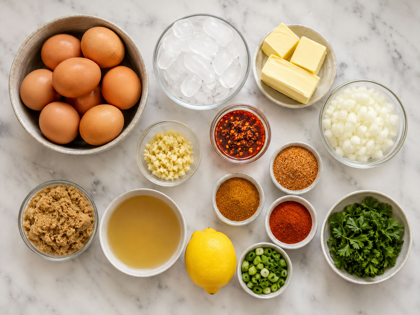Ingredients for Cajun egg boil with eggs, butter, chili crisp, lemon, and spices