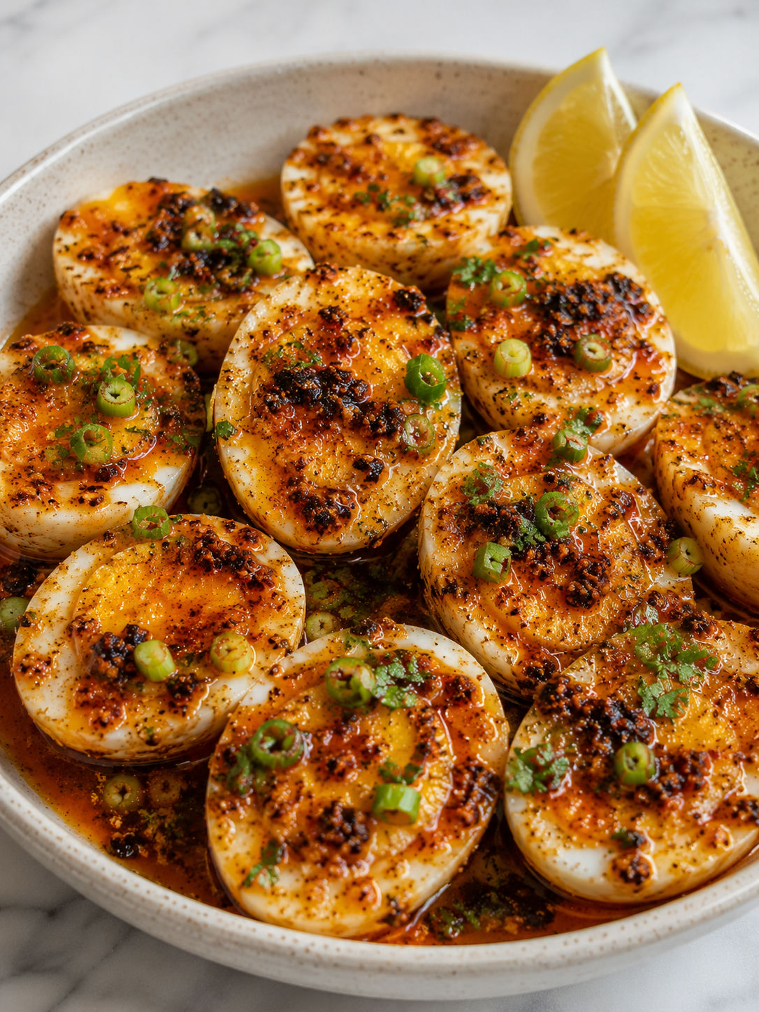 Jammy Cajun chili crisp butter eggs with green onion and lemon
