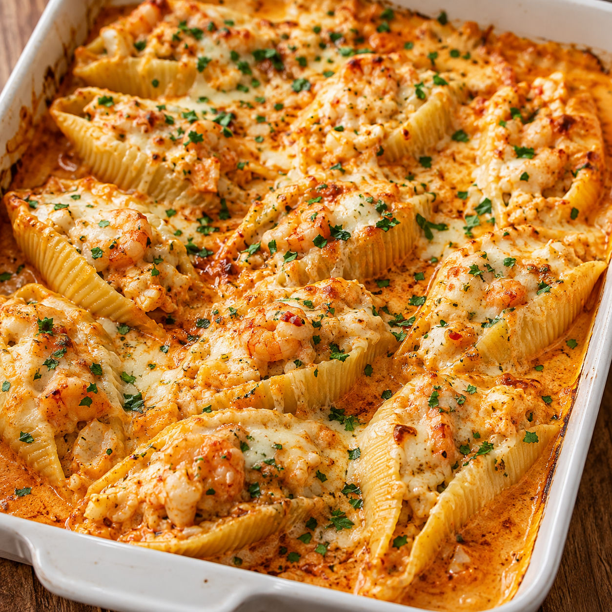 Cajun shrimp and crab stuffed shells with melted cheese and parsley