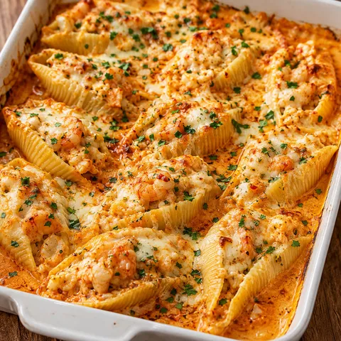 Cajun shrimp and crab stuffed shells with melted cheese and parsley