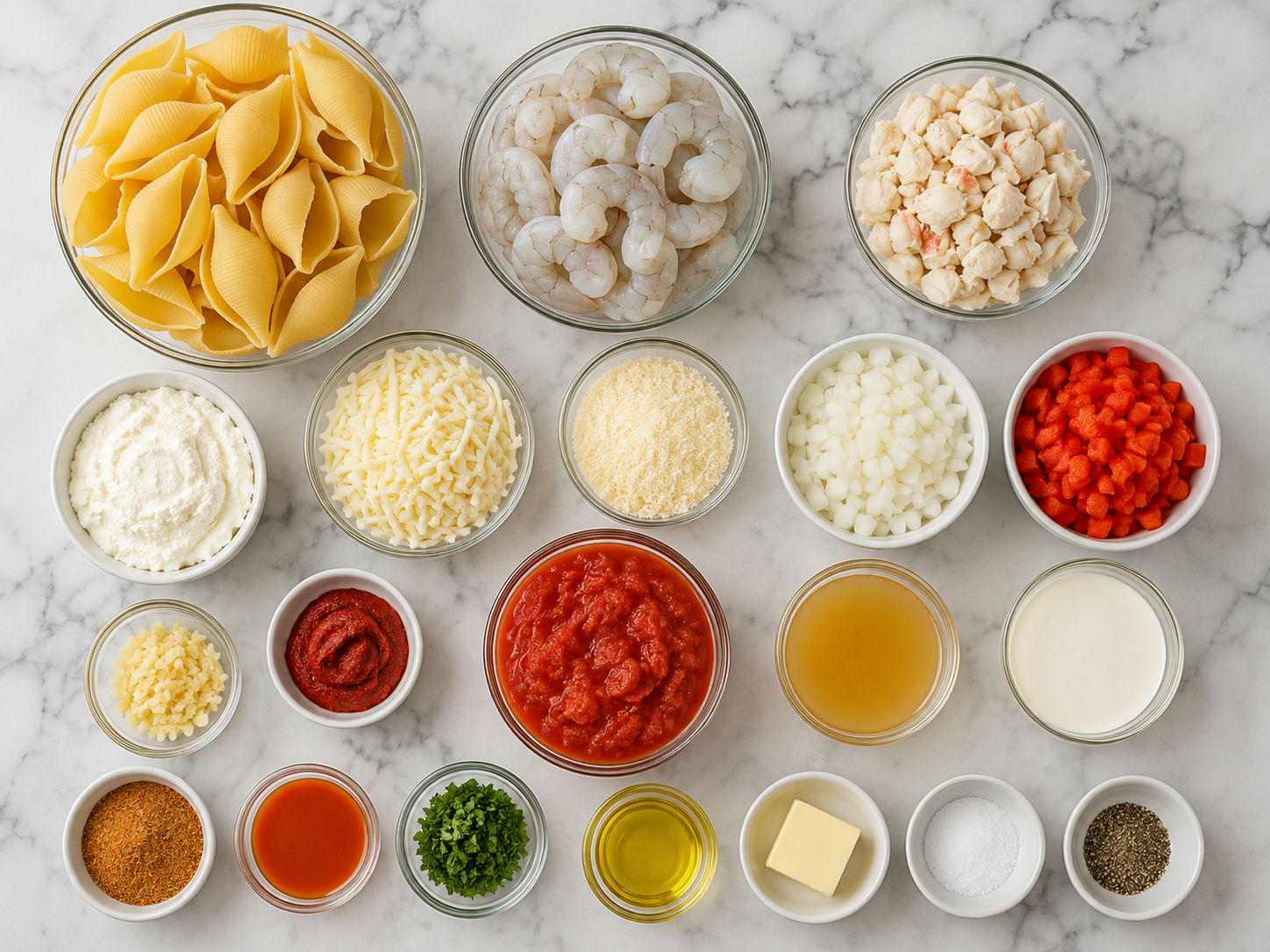 Ingredients for Cajun shrimp and crab stuffed shells on a kitchen counter