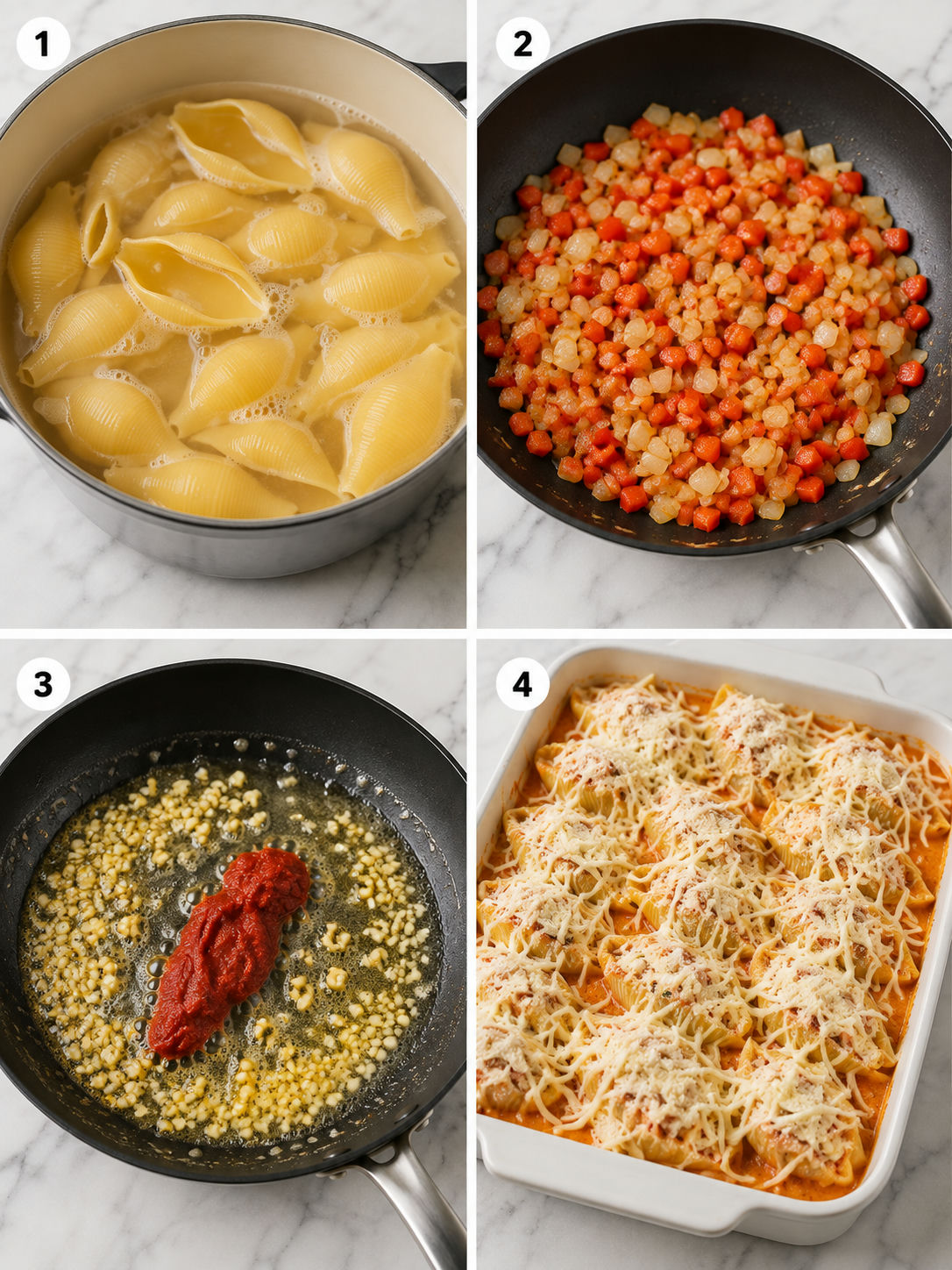 Steps for making Cajun shrimp and crab stuffed shells