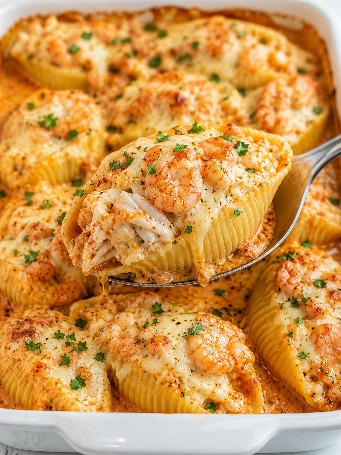 Cajun shrimp and crab stuffed shell lifted from a creamy baked pasta dish