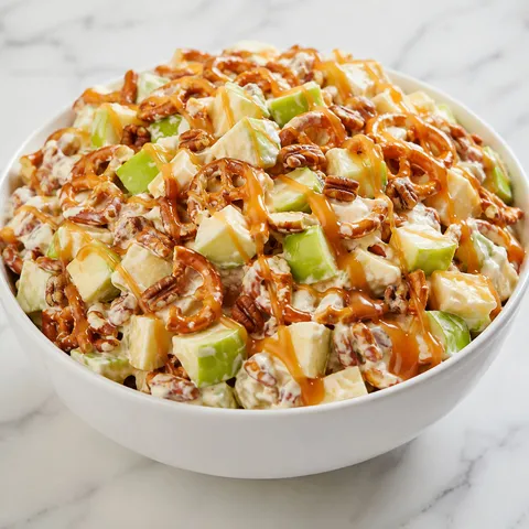 Caramel apple pretzel salad with apples, caramel, pretzels, and pecans